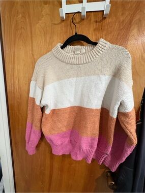 Roxy Striped Crewneck Sweater in Cream, Tan & Pink